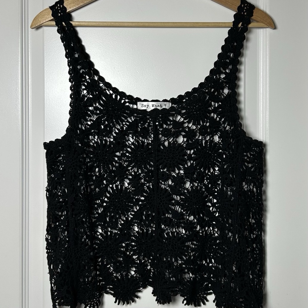 Say What? Cotton Black Medallion Open Weave Crochet Crop Top Festival Boho Style